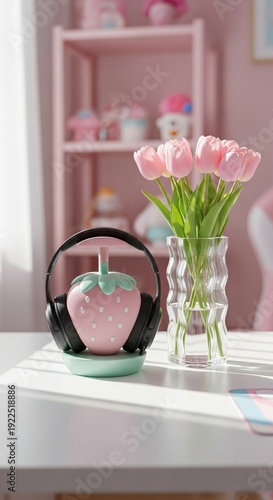 Black headphone on a cute strawberry stand next to pink tulips in a glass vase. Decorating desk with fun accessories. Aesthetic home decor concept for joy.