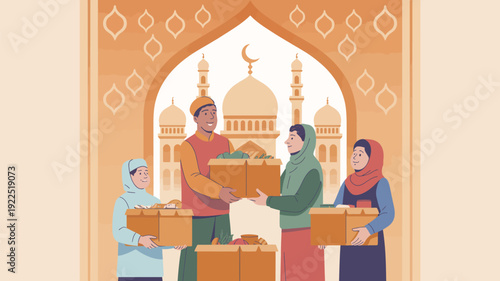 A group of diverse Muslim individuals is engaging in an act of charity, passing donation boxes to each other in front of a mosque.