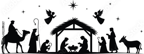 Nativity scene silhouette, baby Jesus in manger, Mary Joseph praying, three wise men, angels, donkey, star, Christmas religious celebration.