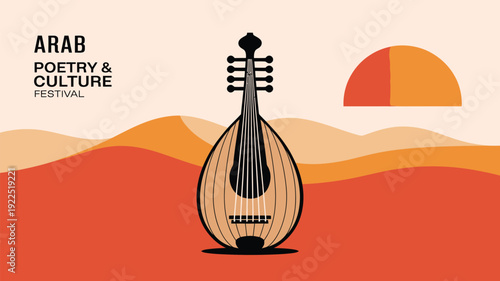 A classical oud instrument is prominently displayed against a stylized desert landscape background, with "ARAB POETRY & CULTURE FESTIVAL" text.