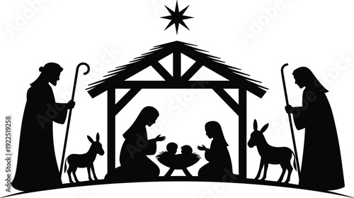 Nativity scene silhouette, Mary Joseph with baby Jesus, manger stable, two donkeys, shepherds with staffs, star above, Christmas religious tradition.