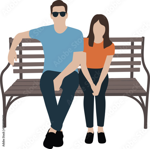 Illustration of two people sitting on a wooden bench, casual social interaction artwork, companionship concept, lifestyle design reference for friendship, relaxation, and outdoor themes