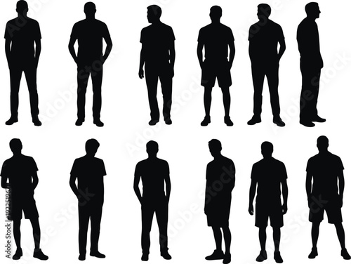 Silhouette collection of standing male figures in varied postures, front and side views, human body language illustration, character design reference, animation and modeling concept