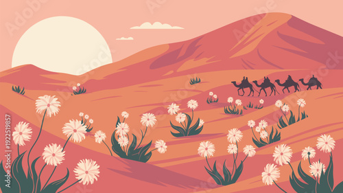 A stunning illustrative desert landscape at sunset, featuring blooming white flowers in the foreground and a caravan of camels traversing rolling hills in the distance.