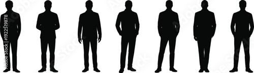 Silhouette group of business professionals in suits, standing poses with varied postures, corporate teamwork illustration, office concept, professional attire design for business themes