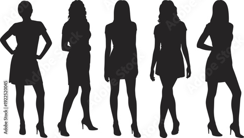 Silhouette illustration of women in dresses and high heels, standing fashion poses, stylish posture artwork, design reference for modeling, elegance concept, abstract fashion themes