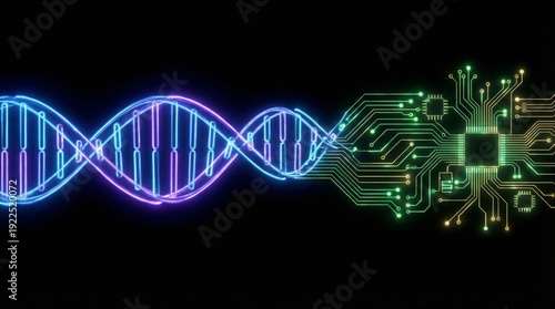 Dna double helix in neon tones merging with a glowing circuit board and microchips, symbolizing the fusion of biology, biotechnology, ai and advanced computational research