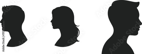 Silhouette profiles of male and female human heads, varied hairstyles and sizes illustration, psychology artwork, identity concept, design reference for abstract themes and studies