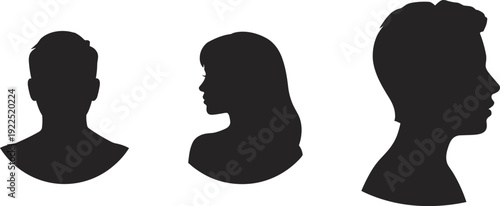 Silhouette profiles of male and female human heads, front and side views illustration, professional design concept, psychology artwork, identity reference for abstract themes