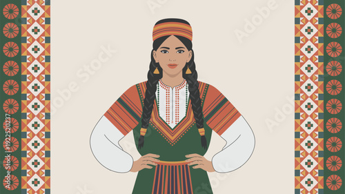 A proud woman in rich traditional Algerian or North African attire stands confidently with hands on her hips.