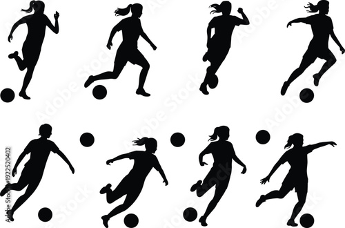 Silhouette sequence of soccer player running and kicking ball, dynamic motion illustration for sports biomechanics, football training, animation reference, human movement cycle concept