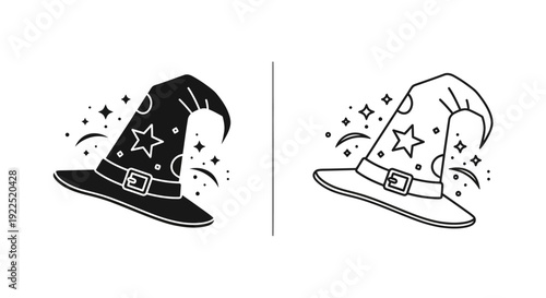 Magical wizard hat with stars and sparkles, fantasy witches hat, halloween costume Vector