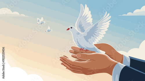 Two gentle hands lovingly release a graceful white dove into the vast expanse of a peaceful sky.