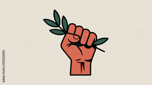 A clenched fist holding a green olive branch symbolizes peace and resistance against oppression.