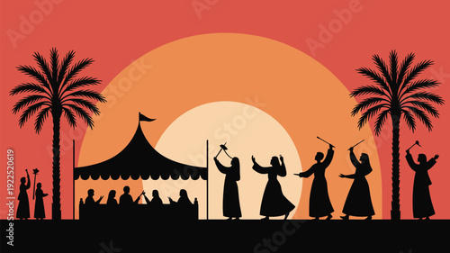 Silhouetted figures celebrate with traditional dances around a tent and palm trees under a large, warm desert sunset.