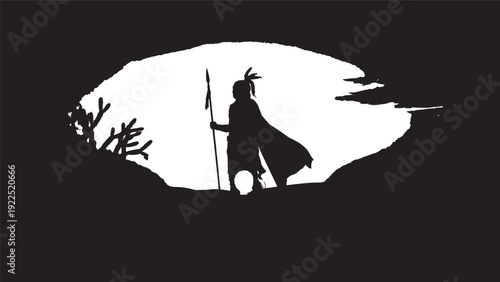 Outdoor explorer silhouette standing on rocky ledge with trekking gear.