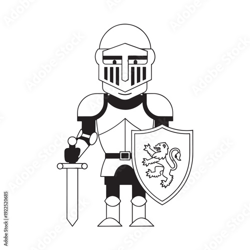 Cartoon Knight in Armor with Sword and Shield in Heraldic Emblem.