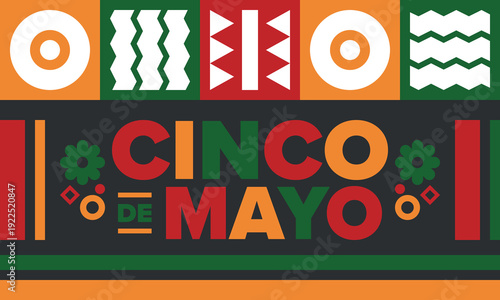 Cinco de Mayo in Mexico. Traditional mexican fiesta in May. National happy holiday with carnival, festival and parade. Latin american and spanish pattern. Illustration with sombrero. Vector poster