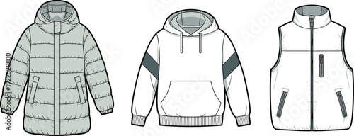 Outerwear fashion set, puffer jacket, hoodie, vest illustration, winter clothing design, cad drawing flat vector illustration
