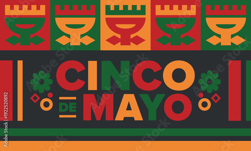 Cinco de Mayo in Mexico. Traditional mexican fiesta in May. National happy holiday with carnival, festival and parade. Latin american and spanish pattern. Illustration with sombrero. Vector poster