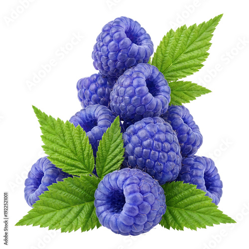 Blue Raspberries with Green Leaves Isolated on White Background - Unusual Raspberry Variety PNG with Clipping Path
