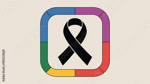 A black awareness ribbon is centered within a rounded square frame composed of multi-colored segments.