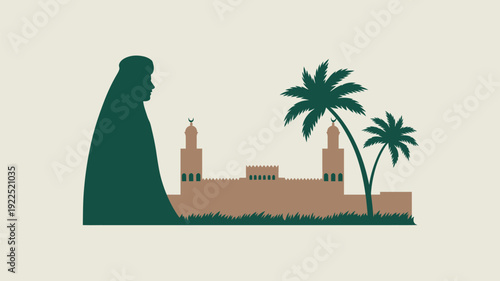 A silhouette of a veiled woman stands next to a mosque and two palm trees on a light background.