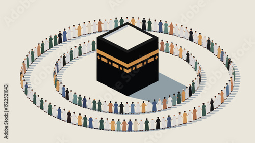 People in traditional attire form concentric circles around the Kaaba in an isometric view, simulating the Hajj pilgrimage.