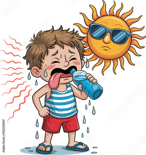Overheated child, summer heat, cartoon sun, dehydration, sweating kid, drinking water, climate awareness, vector illustration, hot weather, health concept