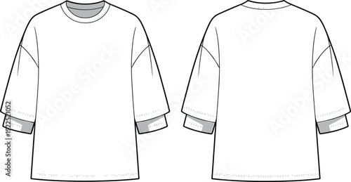 Oversized white t-shirt front back view, dropped shoulder, layered sleeves, round neckline, stitched hem, loose fit, cad drawing flat vector illustration
