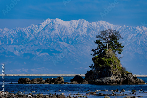 富山・雨晴海岸から望む女岩と冠雪の立山連峰