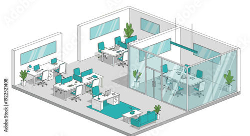 An isometric view depicts a modern office layout with open workstations, private offices, a glass meeting room, and a teal lounge.