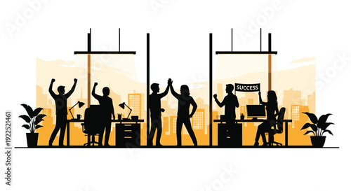 Silhouettes of diverse business professionals celebrating success in an office with city view, high-fiving and holding a SUCCESS sign.