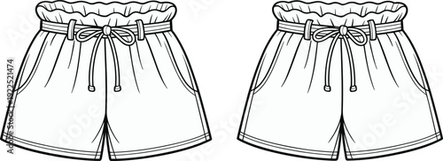 Paper bag waist shorts, women’s summer fashion, drawstring tie, elastic waistband, casual wear, vector template, stylish design illustration