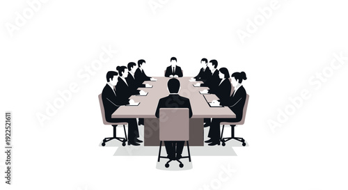 A large group of business people gather around a long conference table in a meeting.
