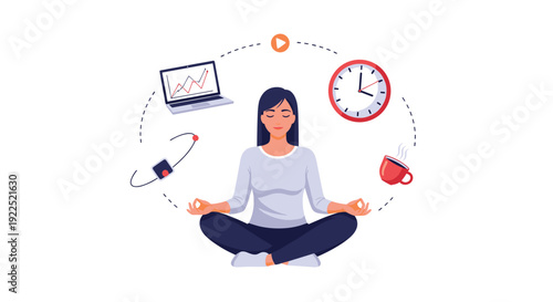 A woman meditates in a lotus position, surrounded by floating icons representing work, productivity, and personal life.