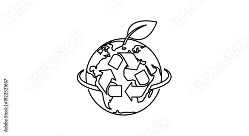 Continuous line drawing of Earth surrounded by recycling symbols and a sprouting leaf.