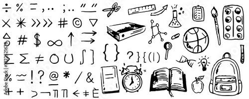 A chaotic collection of hand drawn symbols including mathematical signs objects and text characters