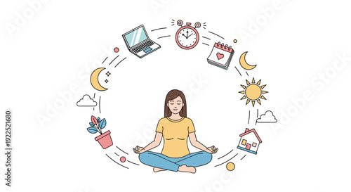 A woman meditates in a lotus position, surrounded by a circular array of daily life and work icons.