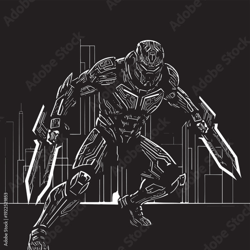 Futuristic armored warrior in a dark urban skyline, ready for combat with sharp blades and dynamic stance.