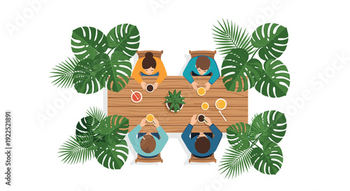 Top-down view shows four individuals gathered around a wooden table, enjoying drinks amidst lush green foliage.