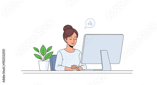 A calm woman with closed eyes meditates or relaxes at a computer desk with a monitor and a green plant.