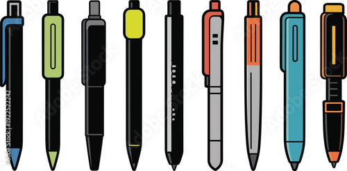 Pen and pencil vector set, assorted writing instruments, colorful stationery layout, office tools, cad drawing flat vector illustration