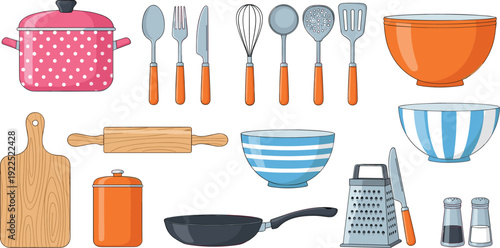 Kitchen Cooking Utensils Set with Pots Pans Bowls Grater and Cutlery Vector Illustration Collection