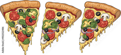 Set of cheesy pizza slices with vegetables and mushrooms, dripping melted cheese, colorful fast food vector illustration for menus, restaurants, and food design