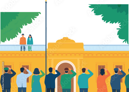 People saluting flag during patriotic ceremony, official building, national pride, military respect, government event, public gathering, unity, patriotism.