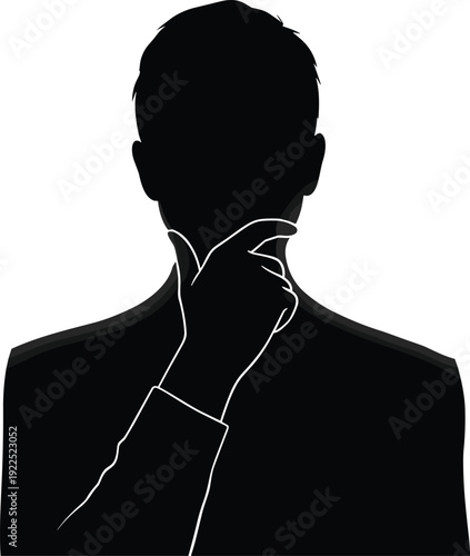 Flat vector illustration of person silhouette thinking pose, hand on chin gesture, contemplation concept, decision making, problem solving, intellectual analysis