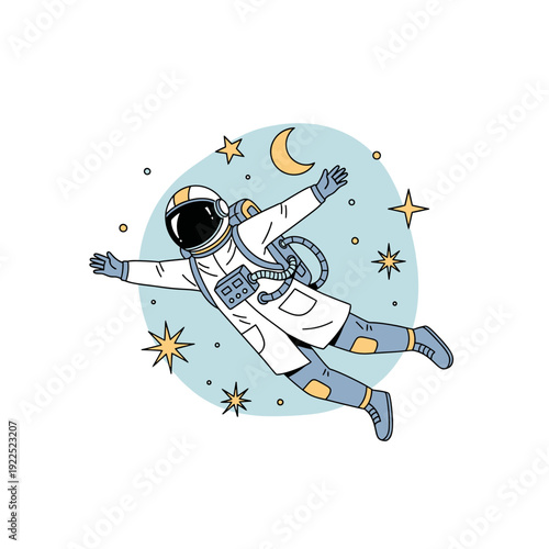 Cartoon astronaut floating in space surrounded by stars and a crescent moon.