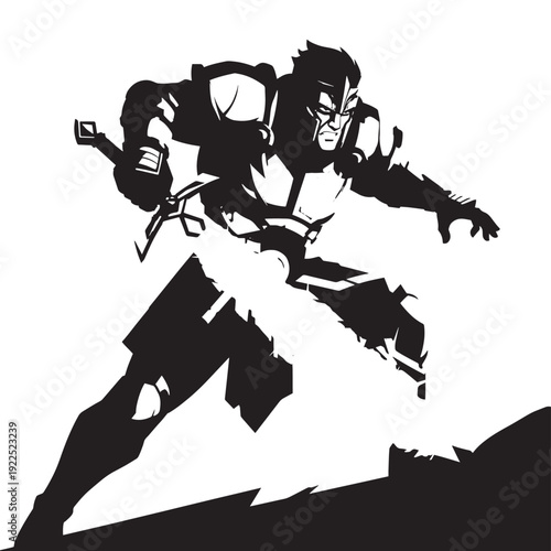 Dynamic silhouette scene of two armed figures sprinting in a tense urban chase.