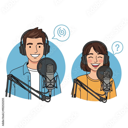 Two people speaking into microphones with headphones, appearing to record or broadcast.